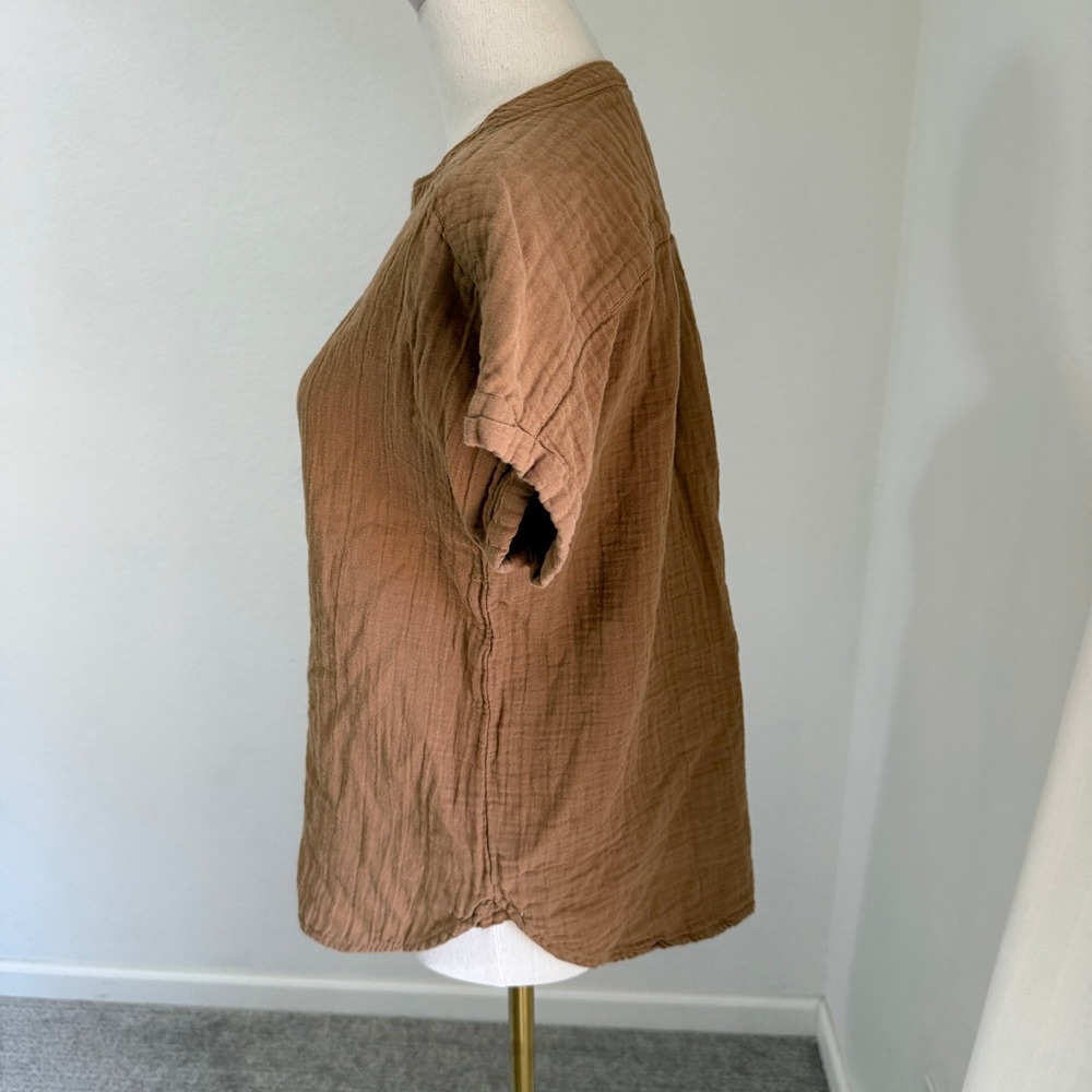 Quince Organic Cotton Gauze Roll Sleeve Henley Shirt Toasted Coconut Brown XS - Picture 4 of 9